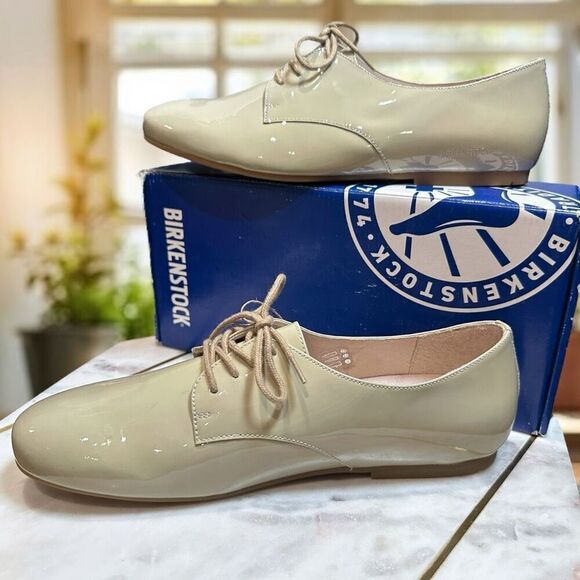 Birkenstock Saunders Durby Napa Leather Lace-Up Oxford Shoes Cloud Patent (New)